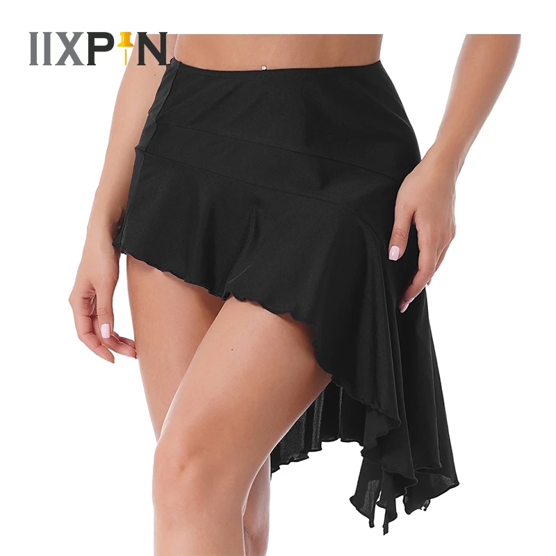 

Womens Latin Dance Skirt Solid Color Asymmetrical Split Hem Ruffle Skirts Tango Cha-Cha Dance Wear Stage Performance Costume