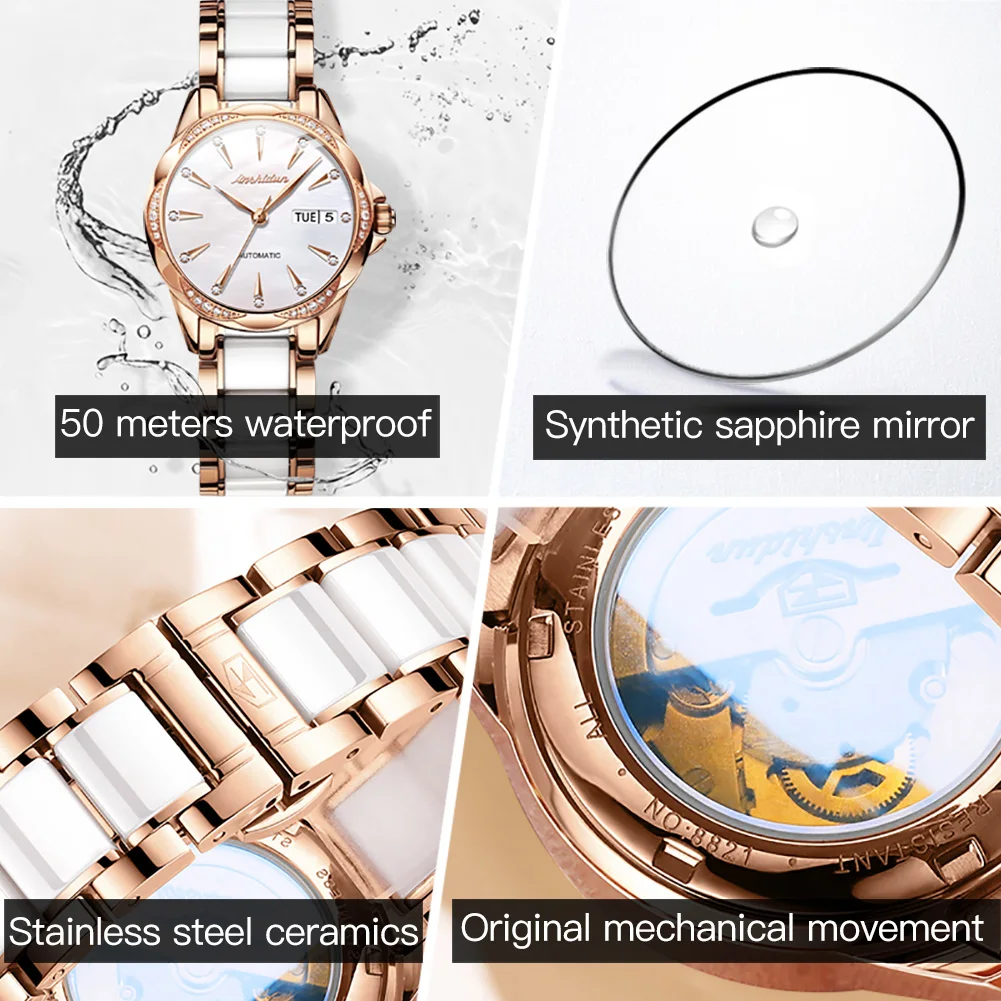 TAXAU Mechanical Watch For Women Luxury Top Brand Stainless Steel Ceramic Strap Rose Gold Diamond Femme Watches reloj mujer