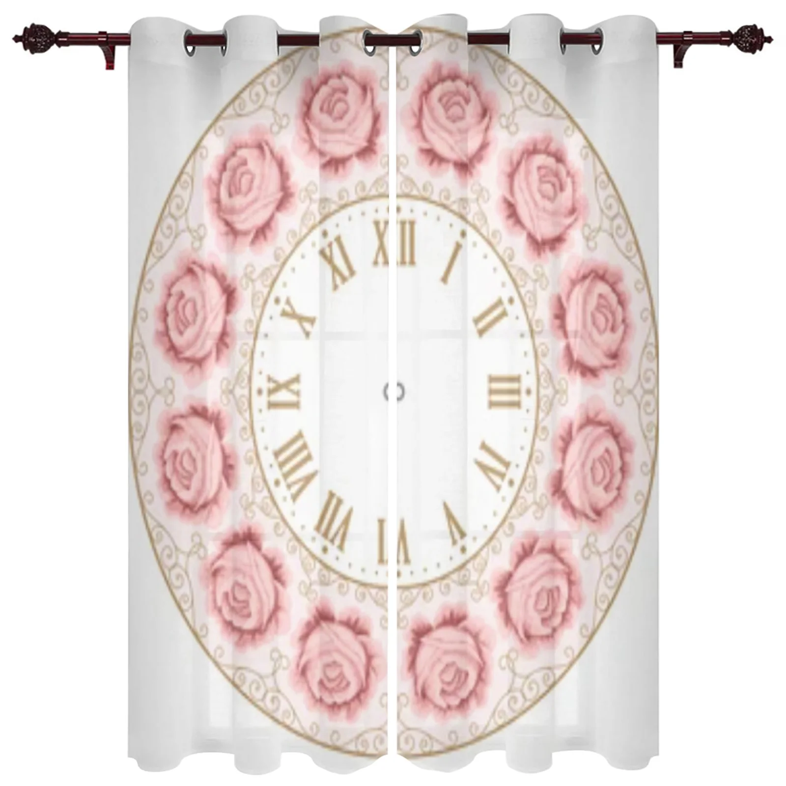 

Vintage Clock Hand Drawn Colorful Roses Window Curtain For Living Room Bedroom Decor Curtains Luxury Kitchen Valance Curtains