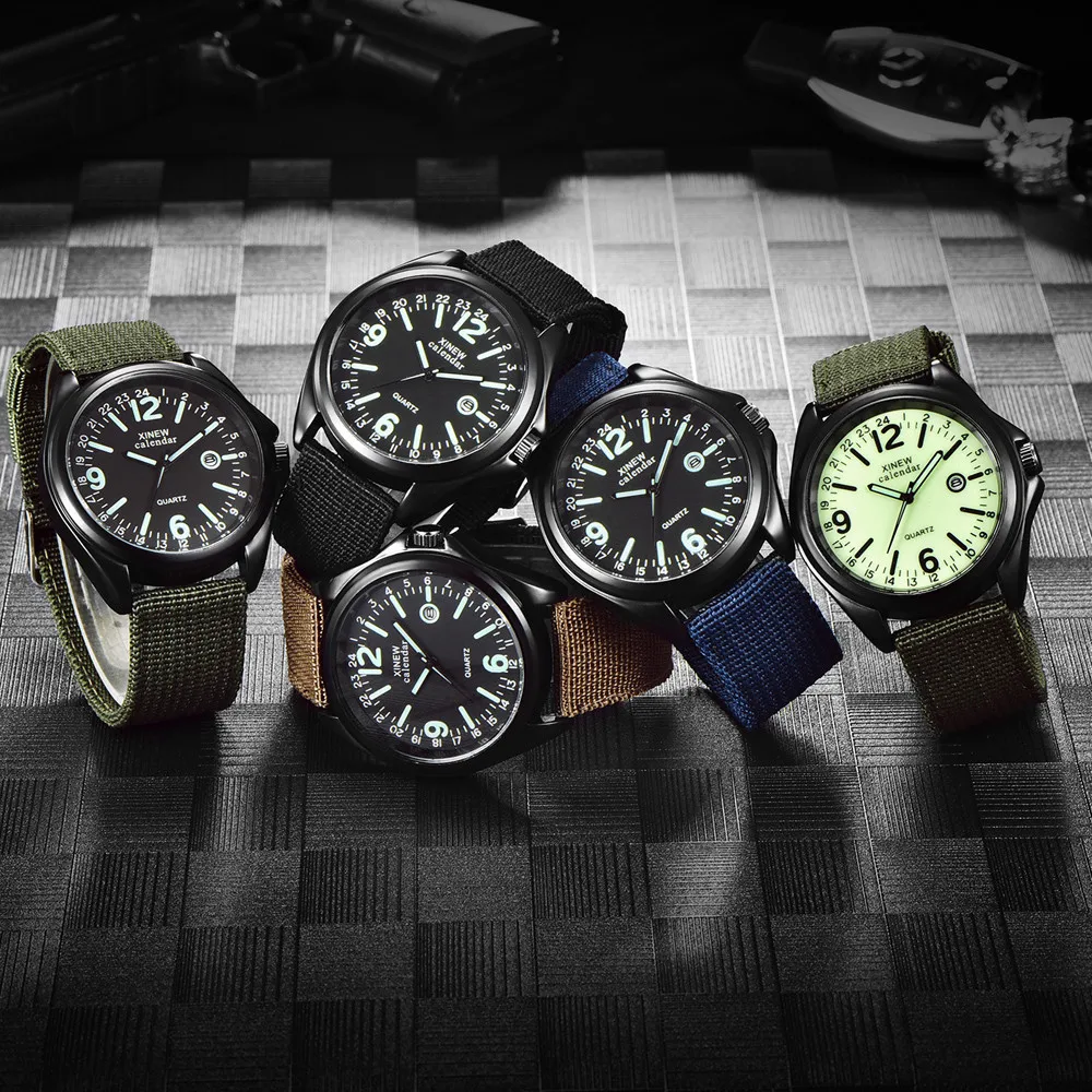 

Military Mens Quartz Watch New Day Date Watch For Men Black Dial Date Luxury Sport Wristwatch Luminous Canvas Calendar Watch