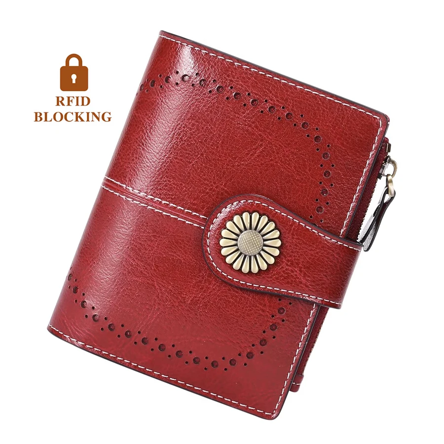 

2023 New Genuine Leathe Women's Short Wallets Oil Wax Coin Purse Small RFID Blocking Zipper Pocket Credit Card Holder for Female