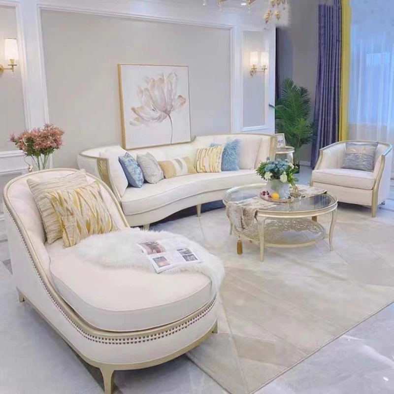 

Light luxury American sofa size living room solid wood furniture Napa leather champagne gold series home furniture