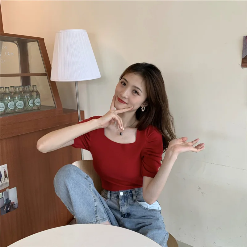 

2022 Summer short-sleeved solid color all-match square-neck top grey