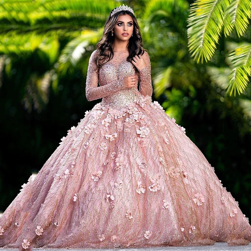 

2022 New Arrival Shining Pink Ball Gown Quinceanera Dresses Beaded Off Shoulder Tulle Sequined Sweet 15 16 Dress XV Party Wear