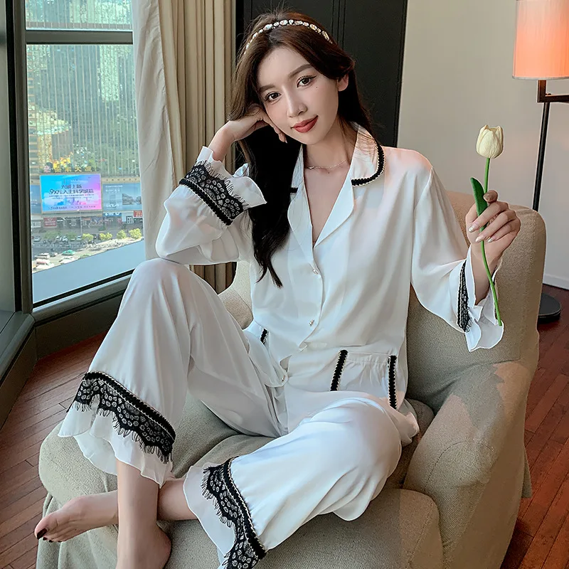 

Женская кружевная Домашняя одежда с длинным рукавом лед шелковая пижама, летний комплект из двух предметов