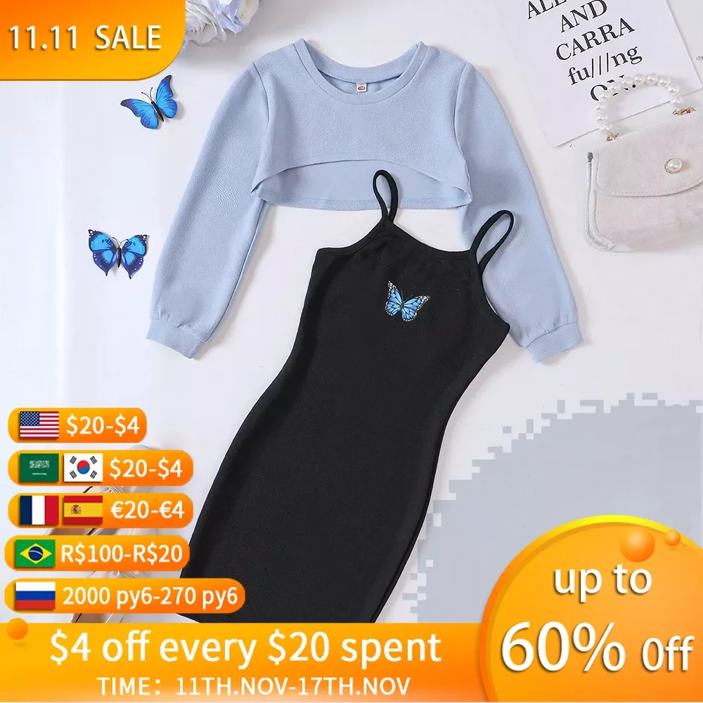 

Girls Spring Autumn 2Pcs Outfits Teen Kids Short Long sleeved Top+Strap Dress Sets Children Fashion Clothes Suits for 5-14Y