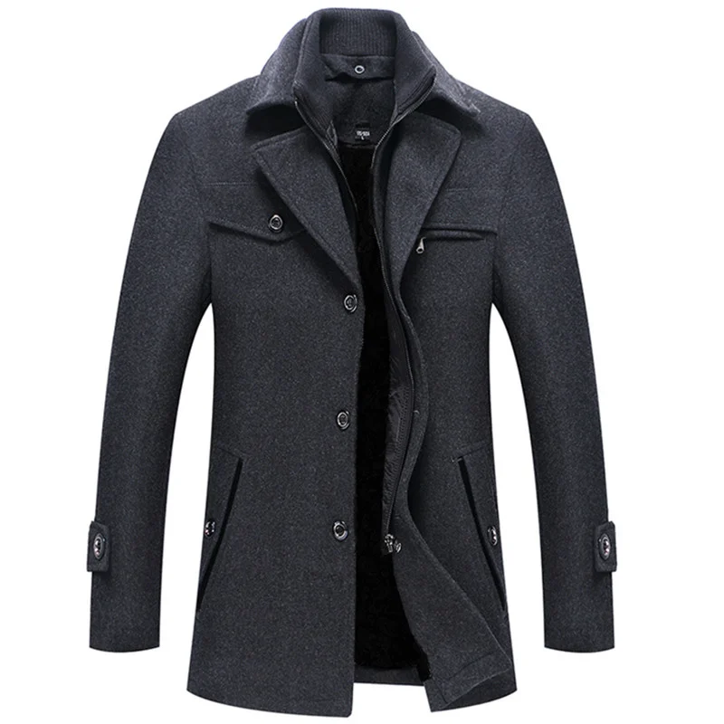 

2022 Winter Men's Casual Wool Trench Blends Coat Business Medium Long Solid Color Thicken Slim Windbreaker Warm Overcoat Jacket