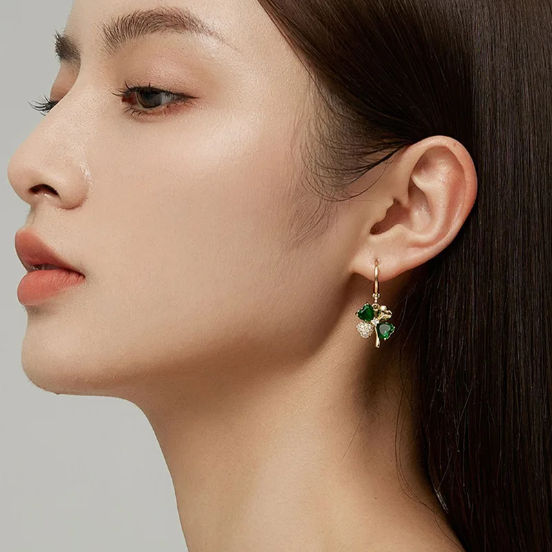 

Women's Girls Classic Inlaid Diamond Cute Fresh Green Lucky Four-Leaf Clover Shape Ear Stud Earrings Fashion Jewelry
