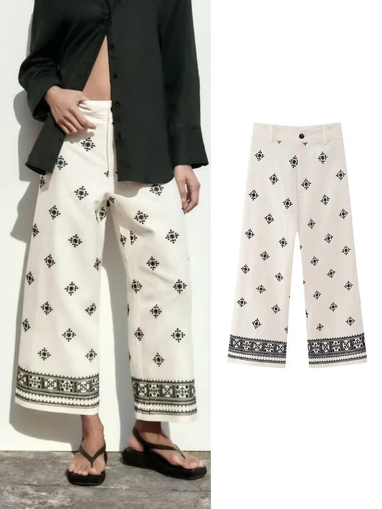 

TRAF 2023 New Women's Embroidery Pants Summer Fashion Pockets Mid-Waist Wide Leg Trousers Casual High Street Zipper Pants