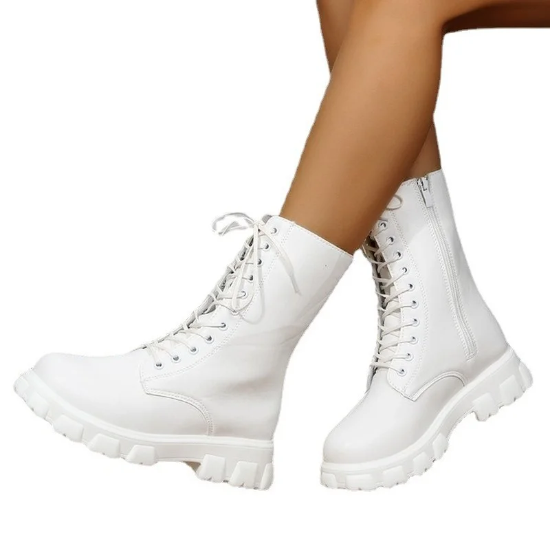 Women's Martens Boots PU Leather White Ankle Boots Autumn Winter Motorcycle Boots Fashion Female  Chunky Heel Platform Boots