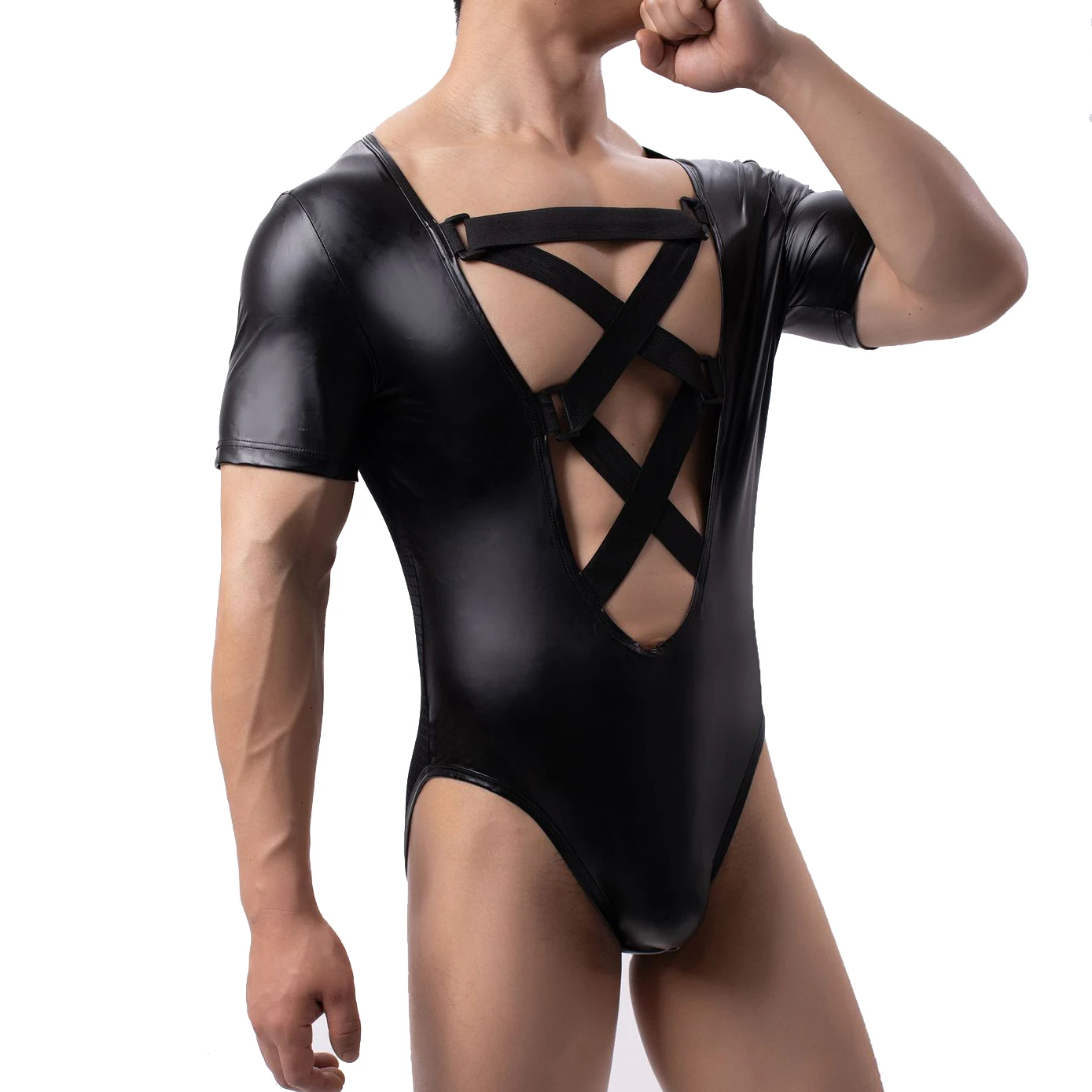 Sexy Men Faux Leather Front Cross Straps Bodysuit Underwear Nightclub Outfit Wrestling Singlet Tight Catsuit One-piece Jumpsuits