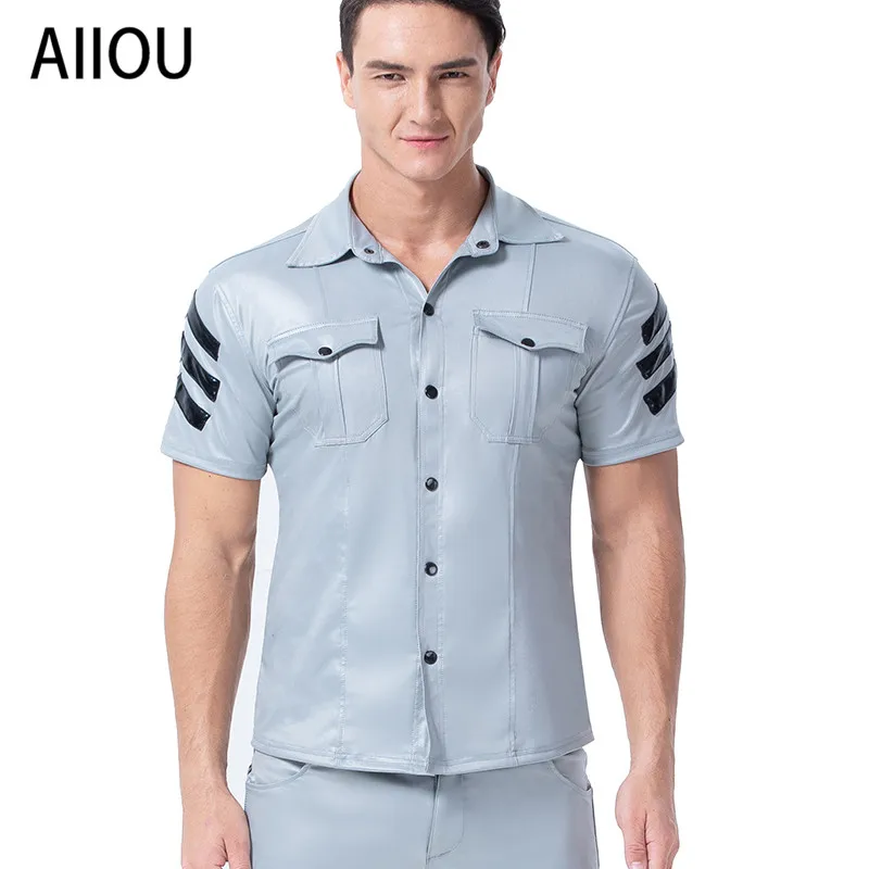

AIIOU 2022 Men Undershirts Gay Faux Leather Pocket Shirt Tight Short-sleeved Wet Look Undershirt Uniform Dance Club Wear Costume