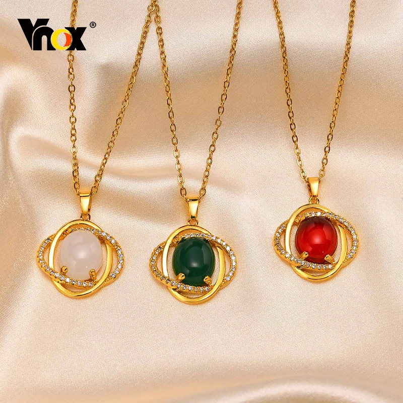 

Vnox Exquisite Gold Color Metal Double Circle Charm Necklaces for Women Jewelry,Green Red White Stone Pendant Girls Gift