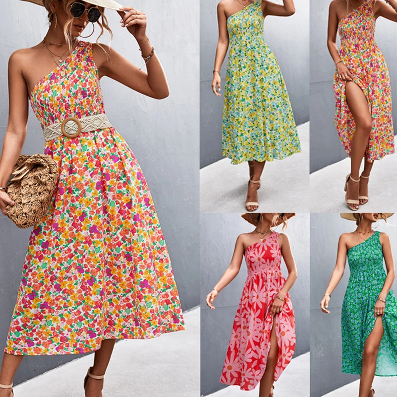 

Платье женское длинное с цветочным принтом, пикантный пляжный праздничный сарафан с косым плечом, с эластичным поясом, летний дизайнерский