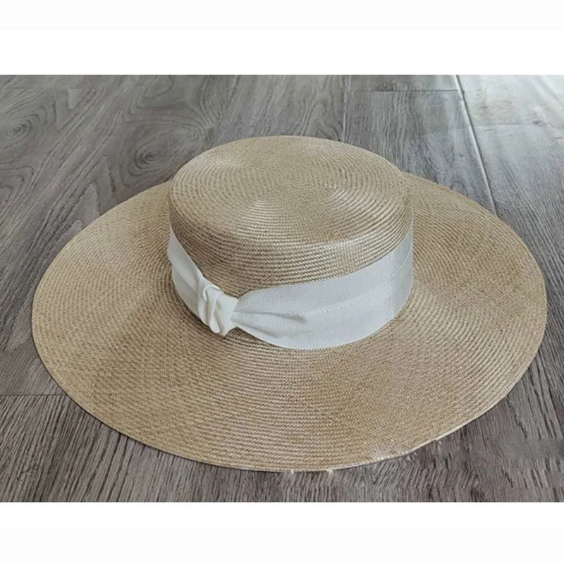 

2022 Designer Custom Fashion High Quality Sisal Grass Straw Hats For Women Bow Ribbon Big Wide Brim Casual Flat Top Cap Vriginer