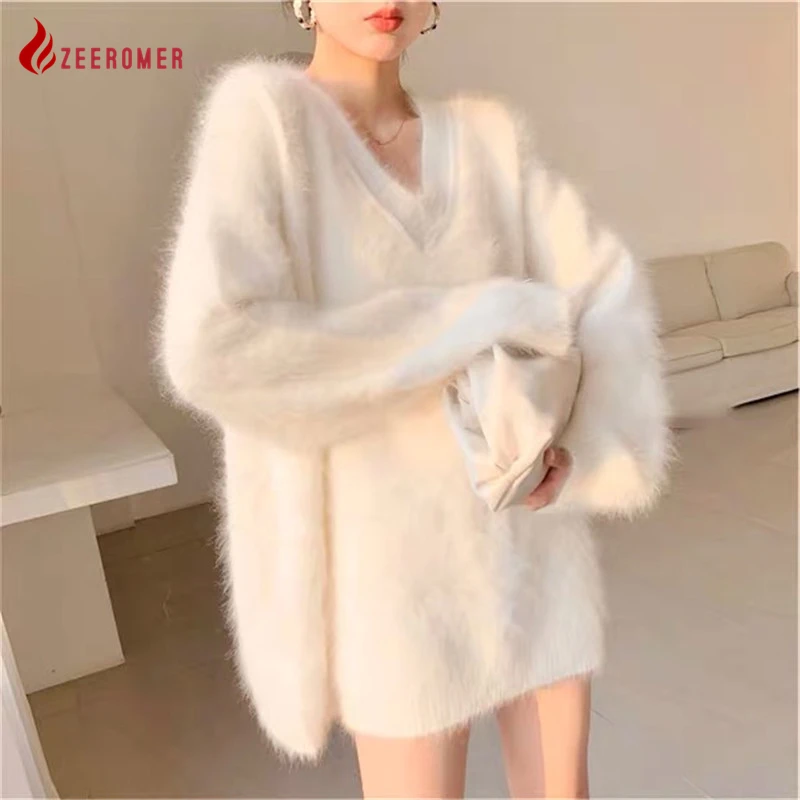 

2022 Fall/Winter New Gentle Mink Velvet White V-neck Sweet knit Sweater Pullover Women Simple Loose Lazy Mohair Long Sweater Top