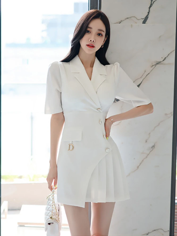 Купи Elegant Fashion Office Lady Suit Collar Pencil Dress Spring Summer Korean Style Sheath Button Pleated Blazer Dress Women Vestido за 1,927 рублей в магазине AliExpress