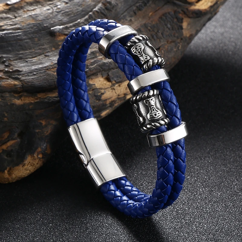 

New Punk Men Twin Ropes Bracelet Simple Stainless Steel Beaded Button Neutral Accessories Hand-Woven Jewelry Gifts BB1370