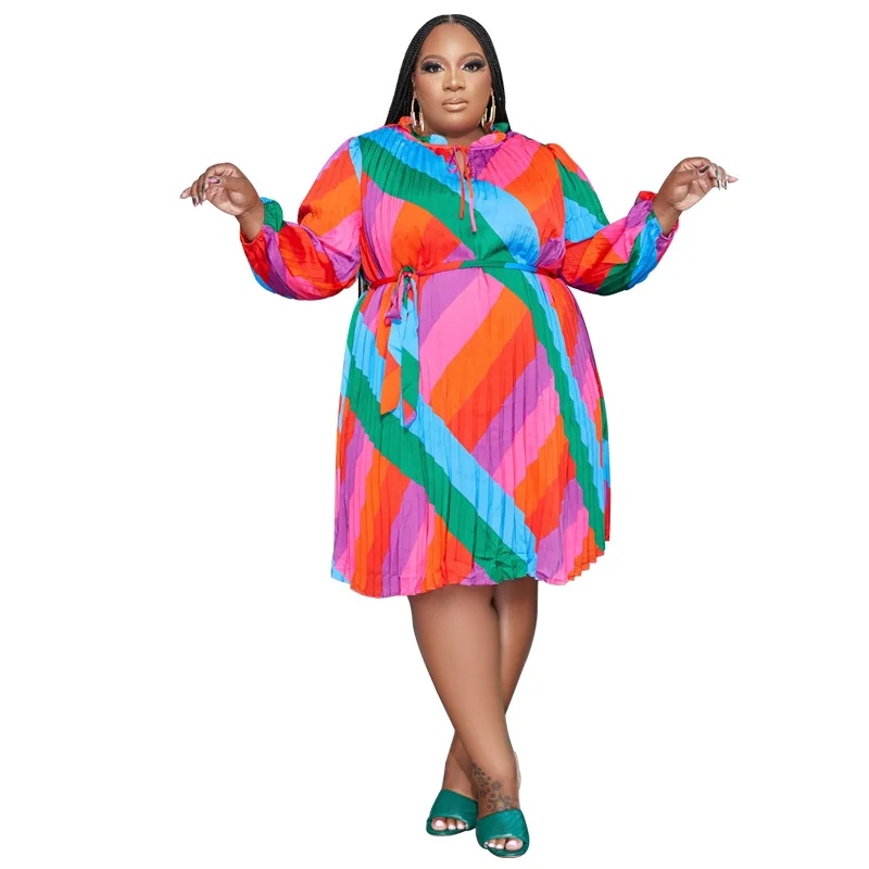Plus Size Women's Dress Autumn and Winter New Stripes with Belt Fashion Loose Temperament Commuting Chic and Elegant Woman Dress