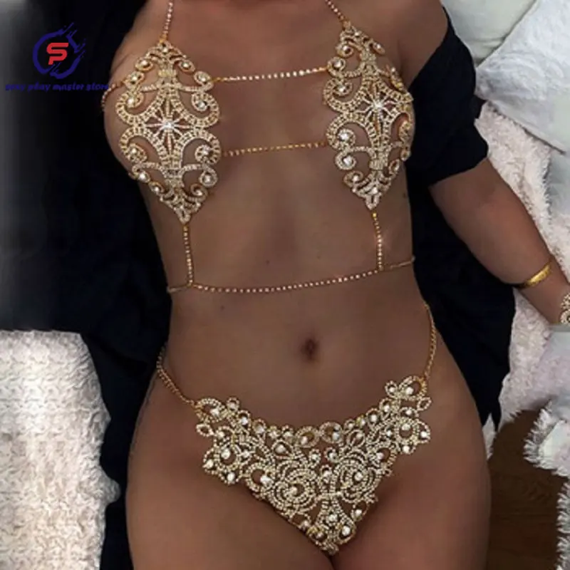 

Fashion Hollow Rhinestone Sexy Bra and Thong Set Lingerie Women's Decorations Underwear Festival Bodies Chain Jewelry Harness