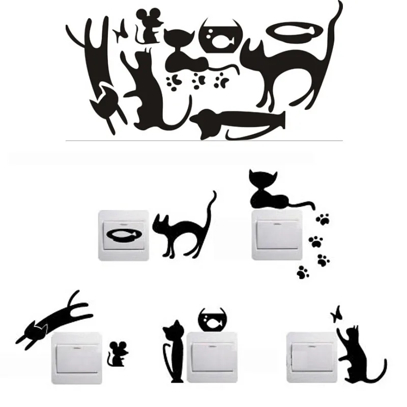 

2022 Hot Selling Cat And Mouse Black Switch Sticker Cute Animal DIY Wall Decoration Graffiti PVC Sticker Home Room Decoration