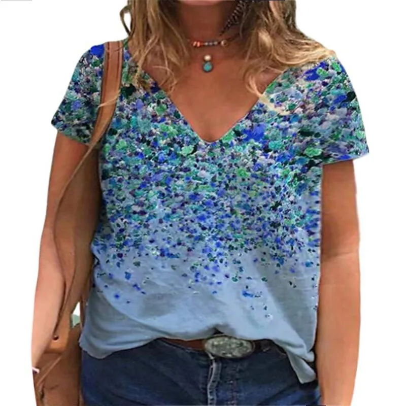 

Women's Plus Size Tops T shirt Floral Print Short Sleeve V Neck Streetwear Daily Vacation Polyester Spring Summer Green White