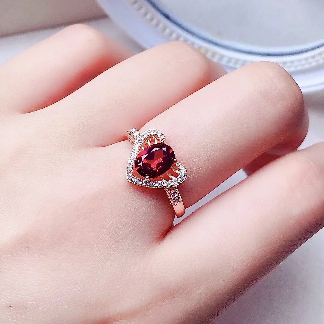 Fashion Silver Heart Ring for Daily Wear 6mm*8mm 1ct Natural Garnet Silver Ring Solid 925 Silver Garnet Jewelry