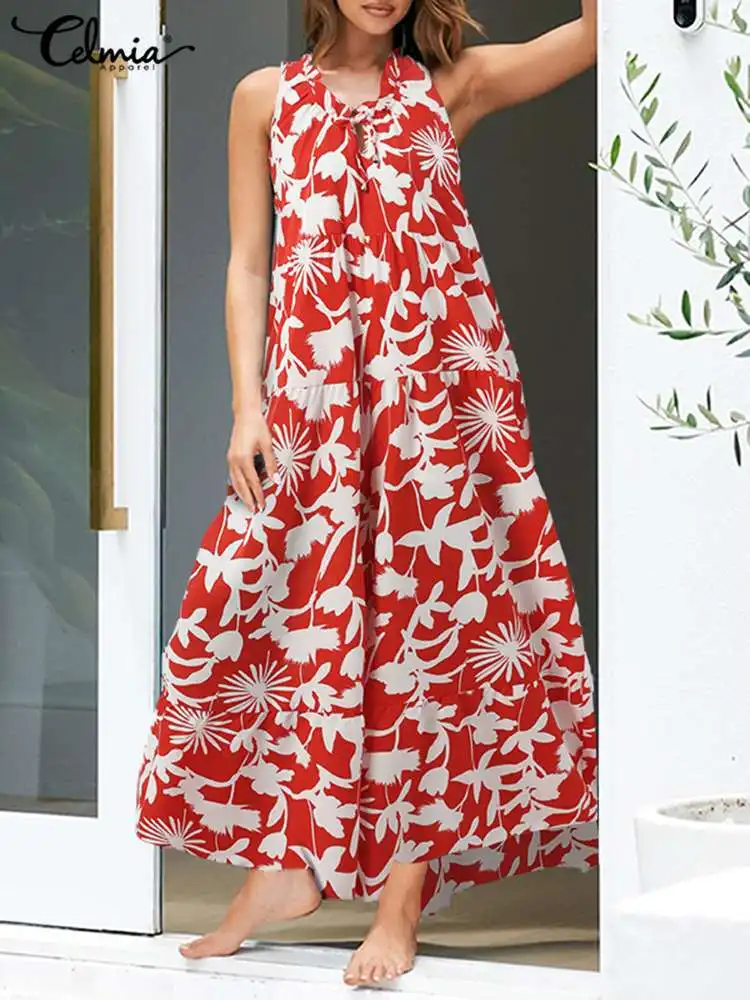 

Celmia Women Floral Printed Jumpsuits Casual V-neck Long Rompers Wide Leg Pant Overall Summer Sleeveless Lace Up Loose Playsuits