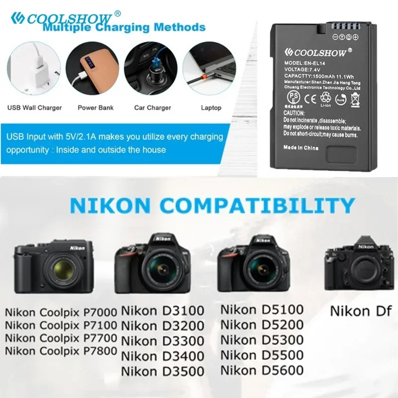 1500 мАч аккумуляторы EN-EL14 ENEL14 для Nikon D3100 D3200 D3300 D3400 D3500 D5600 D5100 D5200 P7000 P7100 P7800