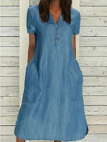 

Новинка, Европейское и американское джинсовое Повседневное платье ELIJOIN2023 с V-образным вырезом, однотонная длинная модная юбка