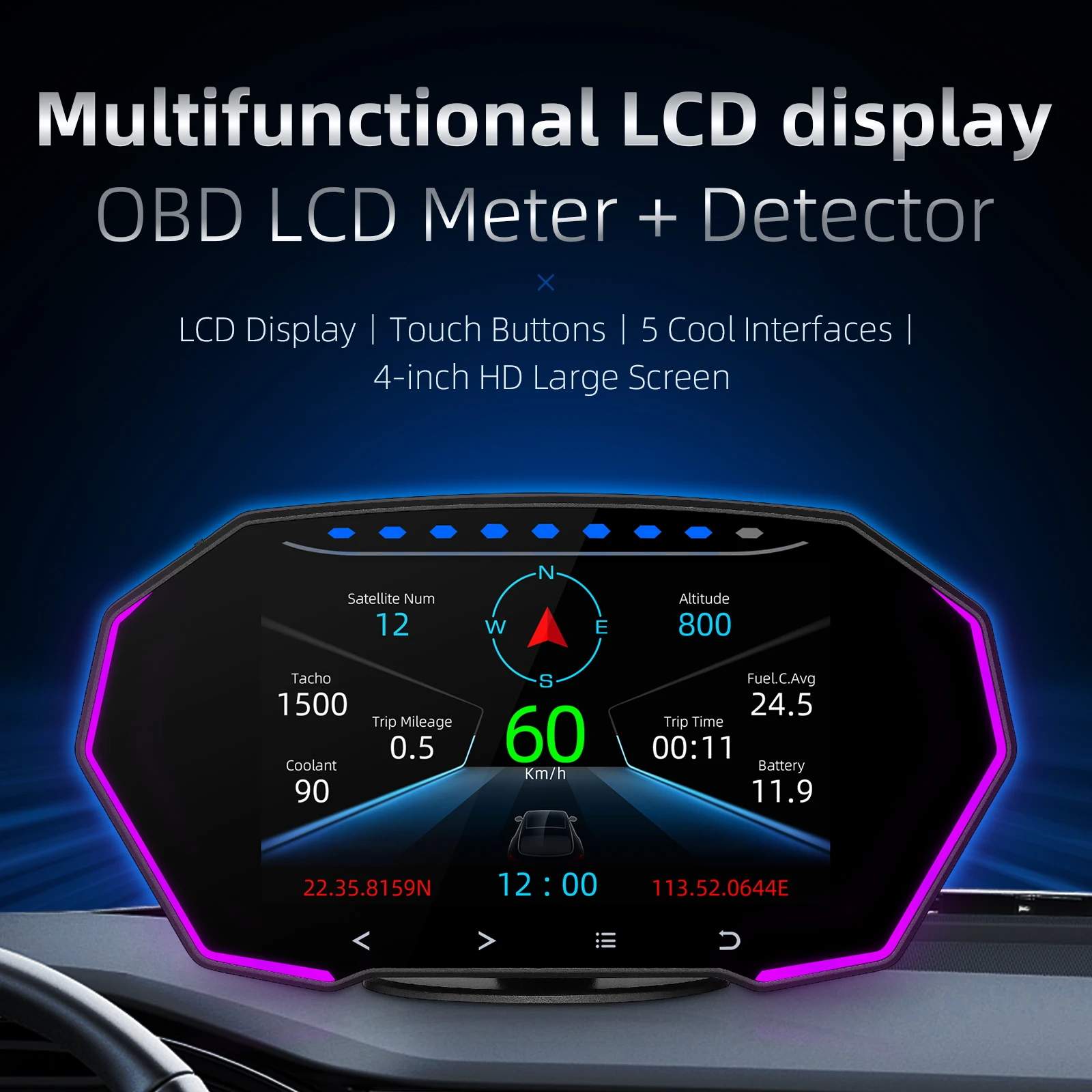 F11 HUD OBD2 GPS 4Inch Head Up Display Windshield with Car Speedometer Security Alarm Water Oil temp Overspeed Diagnostic |