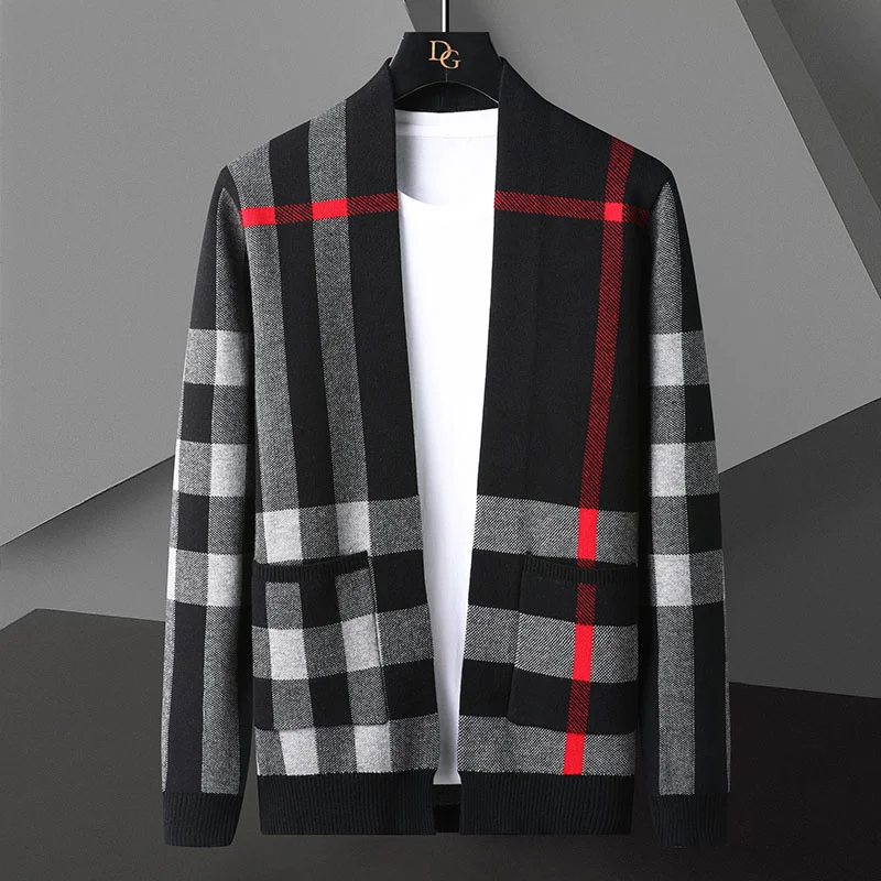 

Fall New Winter Luxury Cashmere Cardigan Men England Style Men's Sweaters Keep Warm Mens Plaid Cardigans High End Classic Jacket