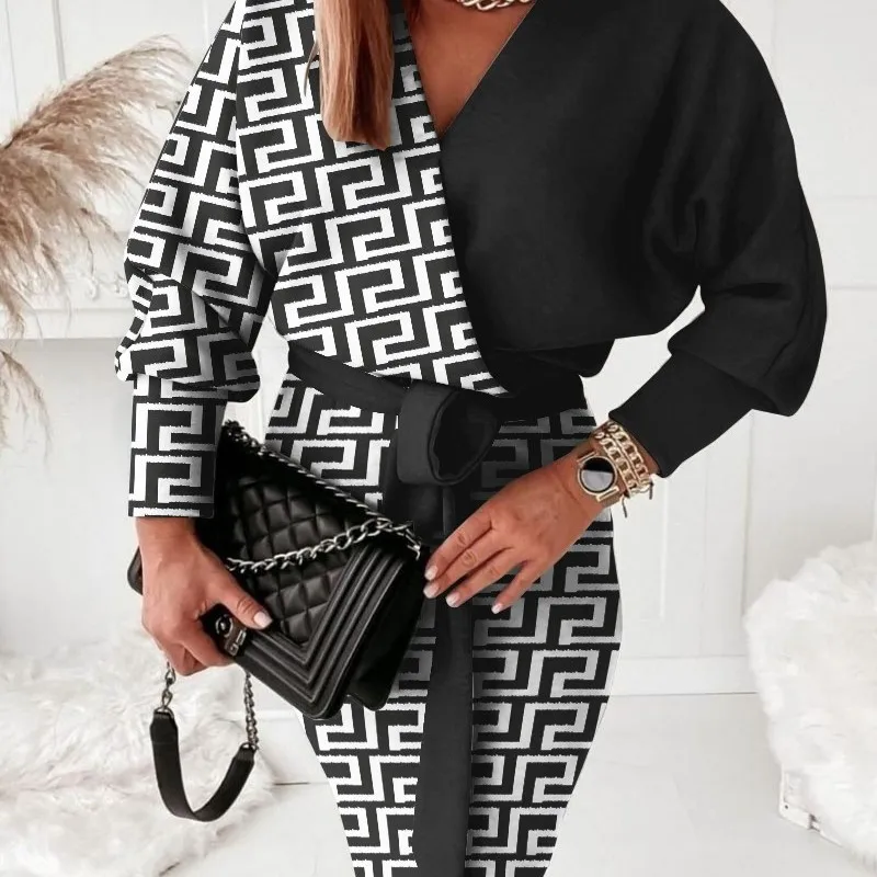 

Autumn Printed V-neck Sexy And Fashionable Long Sleeved Dress For Women's Spring/autumn Lace Up Slim And Elegant Vestido Maxi