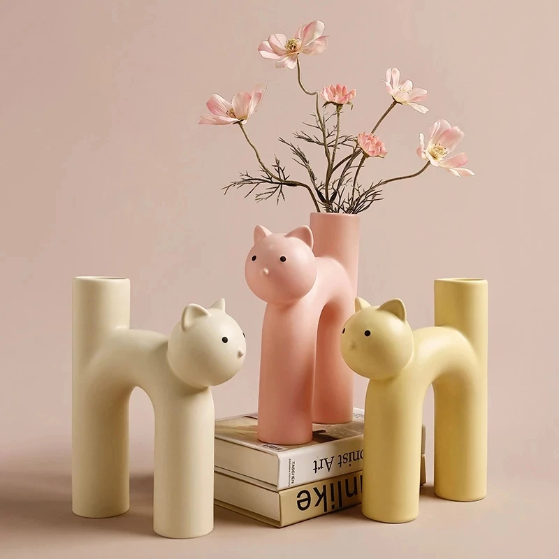 

Cartoon Cat Ceramic Vase Cute Tubular Cat Aesthetic Vase Matte U Shape Cat Flower Pot Planter Ornaments Living Room Home Decor