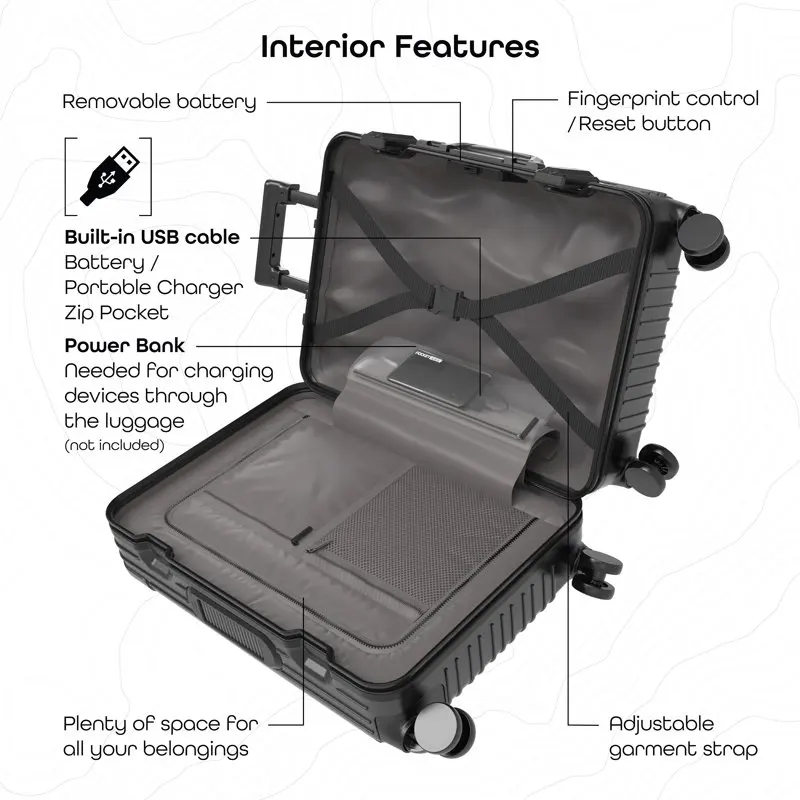 Smart Carry-on Luggage, 20-inch Suitcase with Spinner Wheels, Smart Lock and USB-Output