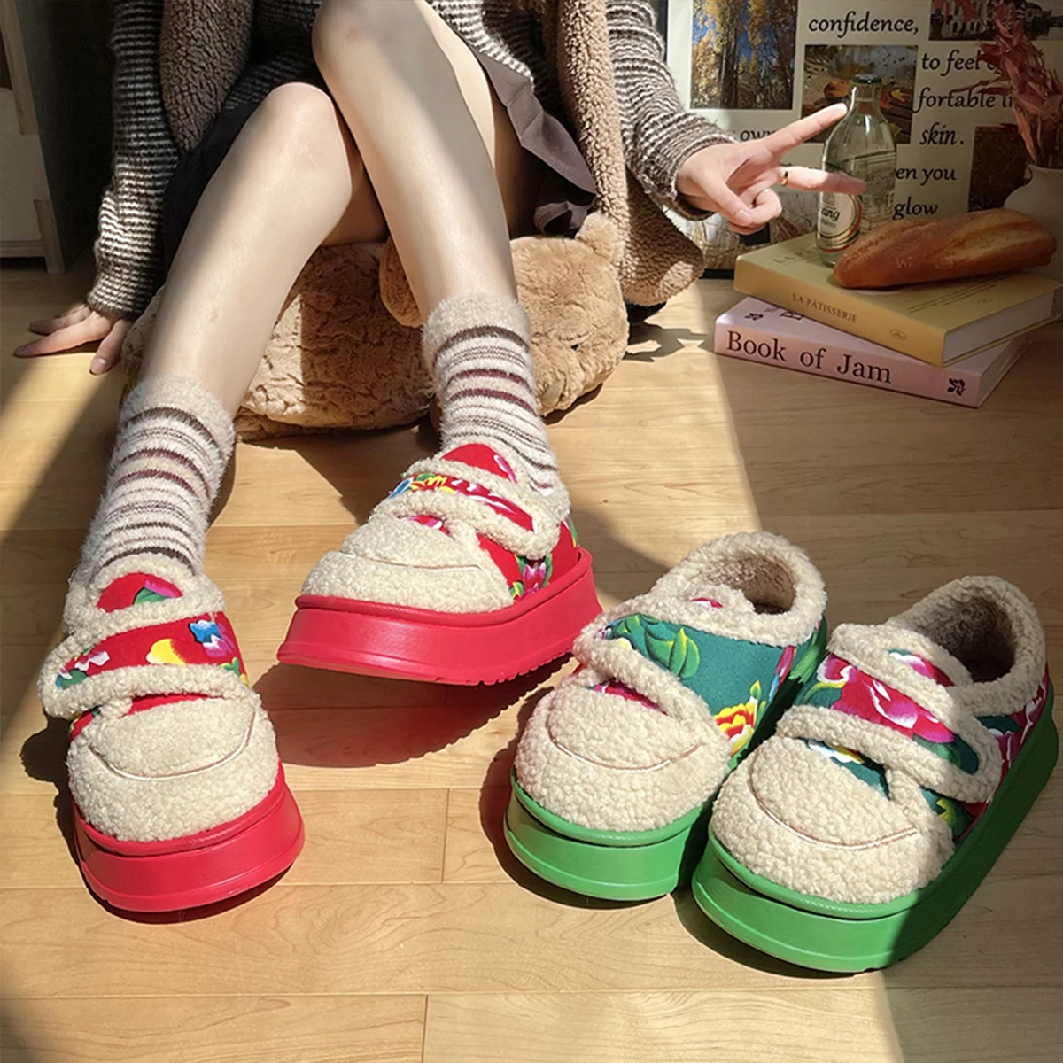 Женские ботинки с закрытым носком Mo Dou теплые плюшевые тапочки мягкая толстая