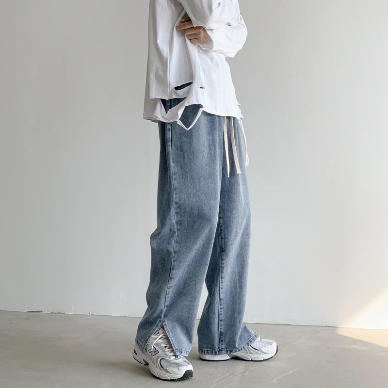 2022 Spring New Men's Korean Fashion Wide-leg Jeans Elastic Waist Drawstring Loose Straight-leg Denim Pants Retro Blue Trousers