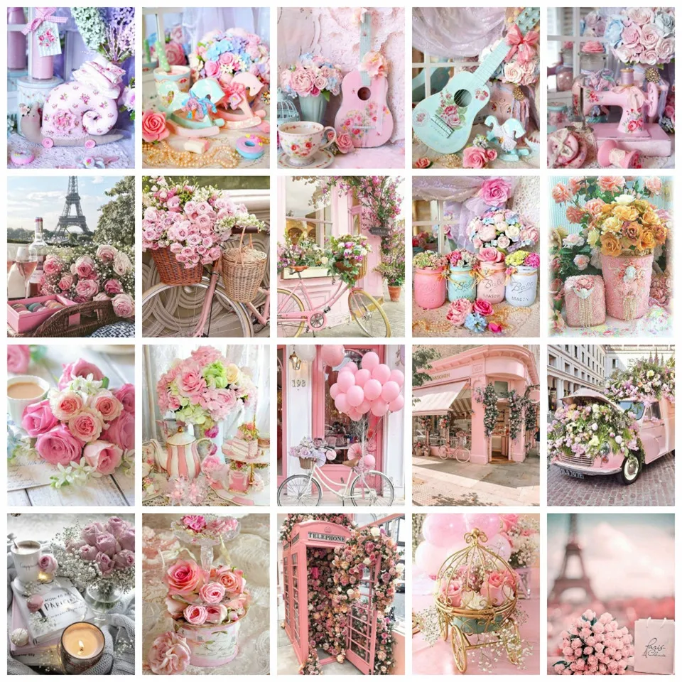 

AZQSD Diamond Embroidery Landscape Street City Bicycle Mosaic Diamond Painting 5d Pink Flower Rose Home Decor Cross Stitch