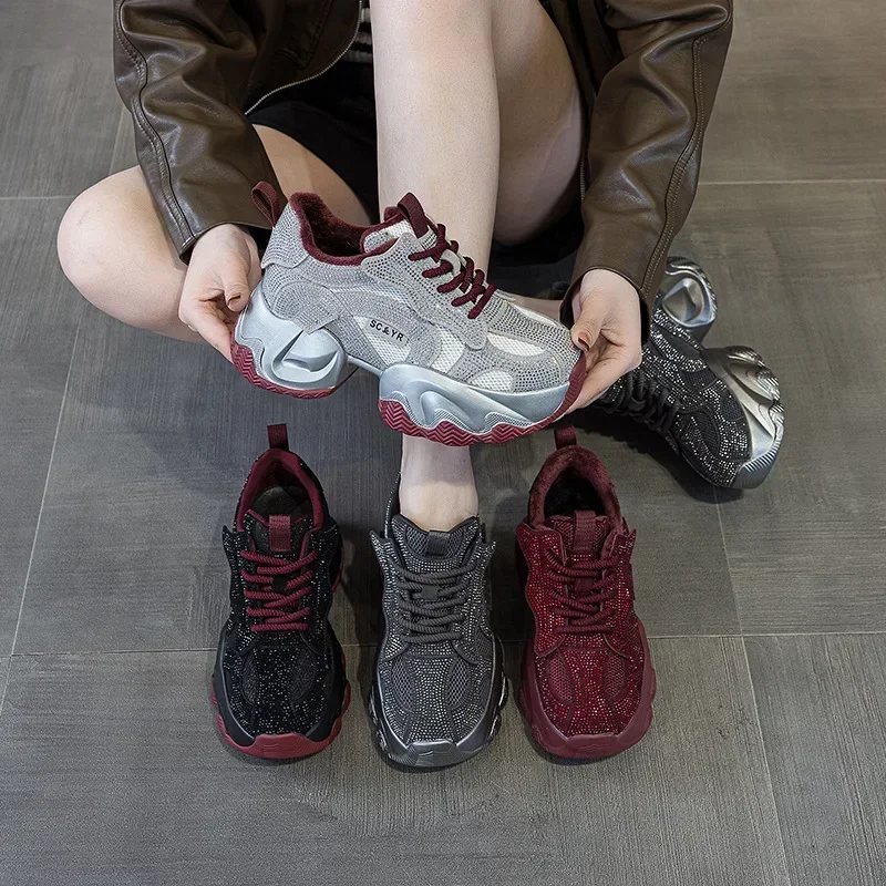 8CM Synthetic Bling Platform Wedge Heel Casual Shoes Zapatos Mujer Deportivos Autumn Women Chunky Female Fashion Sneakers