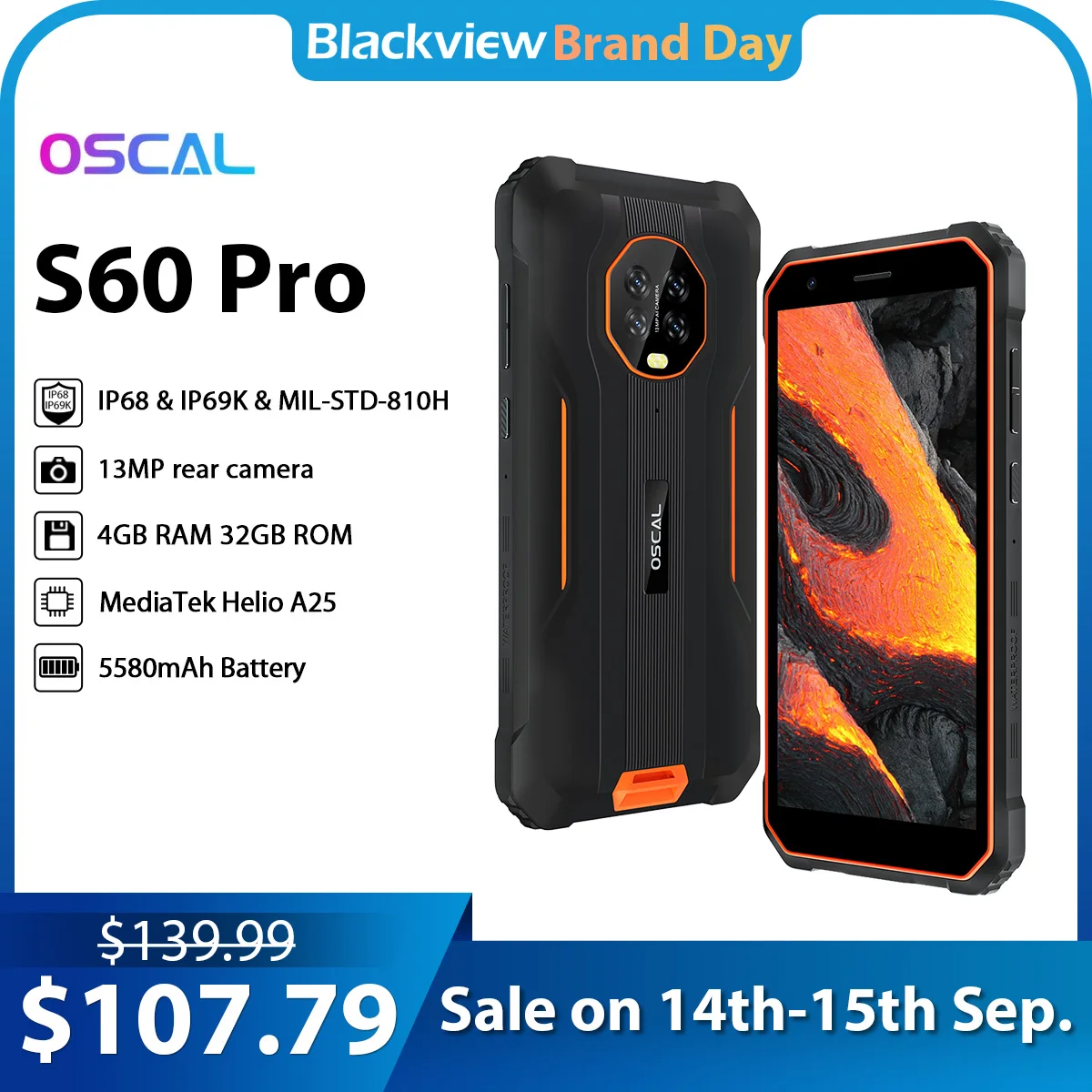 Blackview Oscal S60 Pro IP68 su geçirmez sağlam akıllı telefon 5.7 inç ekran 4GB + 32GB 5580mAh Android 11 8MP + 13MP cep telefonu NFC