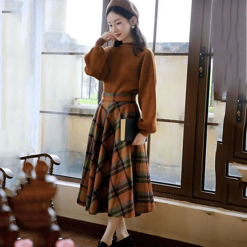 Новый осенне-зимний женский костюм с юбкой свободный пуловер вязаный свитер