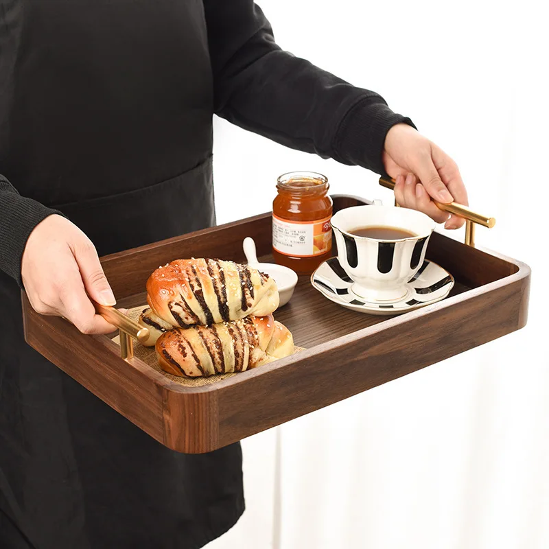 

Household Solid Wood Black Walnut Wood Rectangular Metal Handle Breakfast Tea Tray