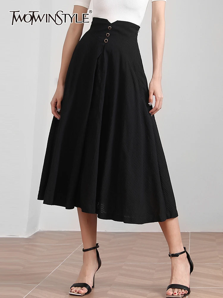

TWOTWINSTYLE Casual Black Midi Skirt For Women High Waist Solid Minimalist Loose Long Skirts Female Summer Clothing Style 2022