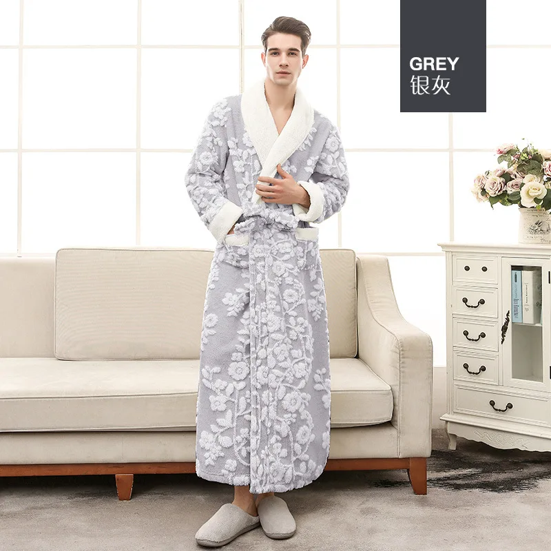 Double-Layer Winter Flannel Bathrobe Long Robe For Men Women Couple Sleepwear Robe Homewear Warm Nightgowns 3D Jacquard Bathrobe