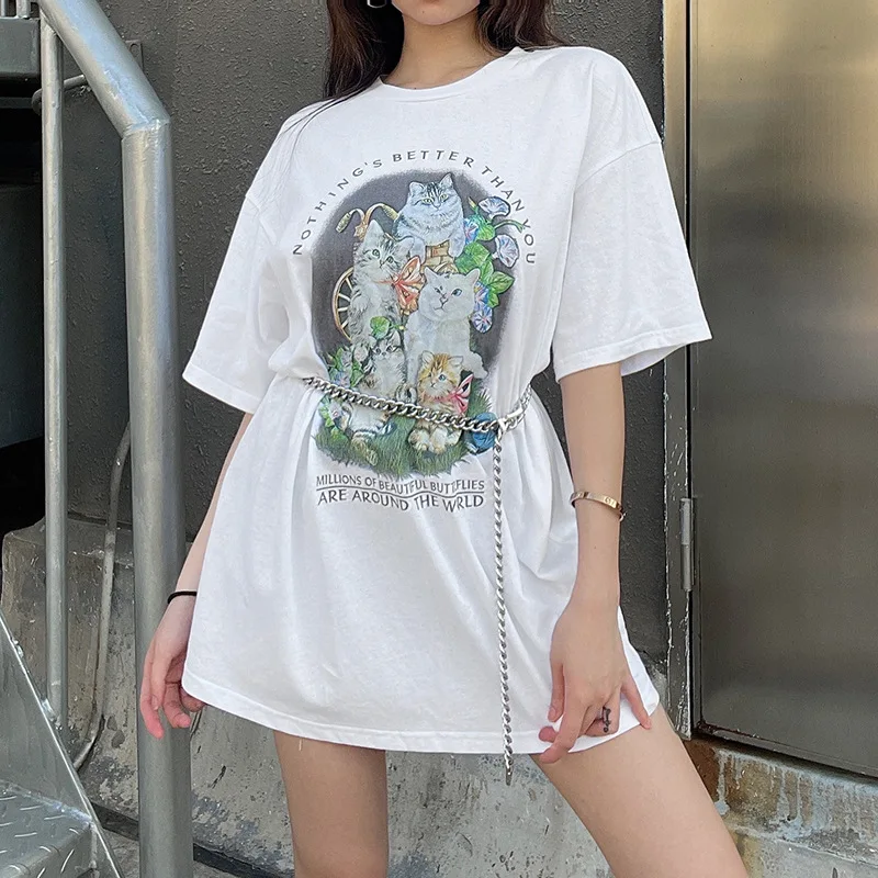 

Korean Version of Harajuku Casual Animal Print White Oversized T-shirt Kawaii Summer Top Graphic Fashion Loose T-shirt 2021 new