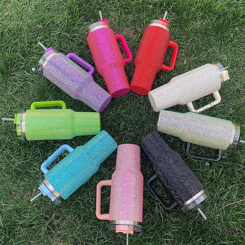 

40oz Rhinestones Water Bottle Straw With Handle Lid Portable Tumbler Drinkware Thermos Insulation Cup Stainless Steel Water Cup
