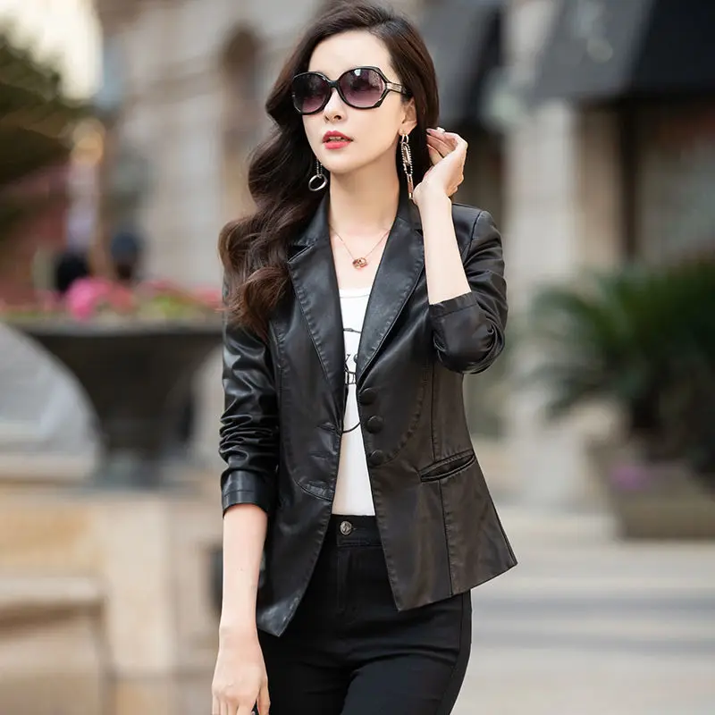 Skinny Lady Elegant Leather Women's Leather Coat Women's 2022 Korean Fashion Slim Fitting PU Leather Suit Coat Women's Short Top