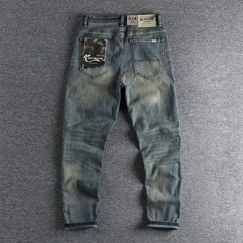 Pocket patch American retro old washed blue jeans men's fit small straight joker four seasons green trousers