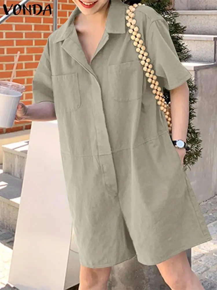 

VONDA Women Vintage Playsuits Summer Rompers 2023 Short Sleeve Loose Lapel Button Up Casual Short Jumpsuits Oversize Overalls