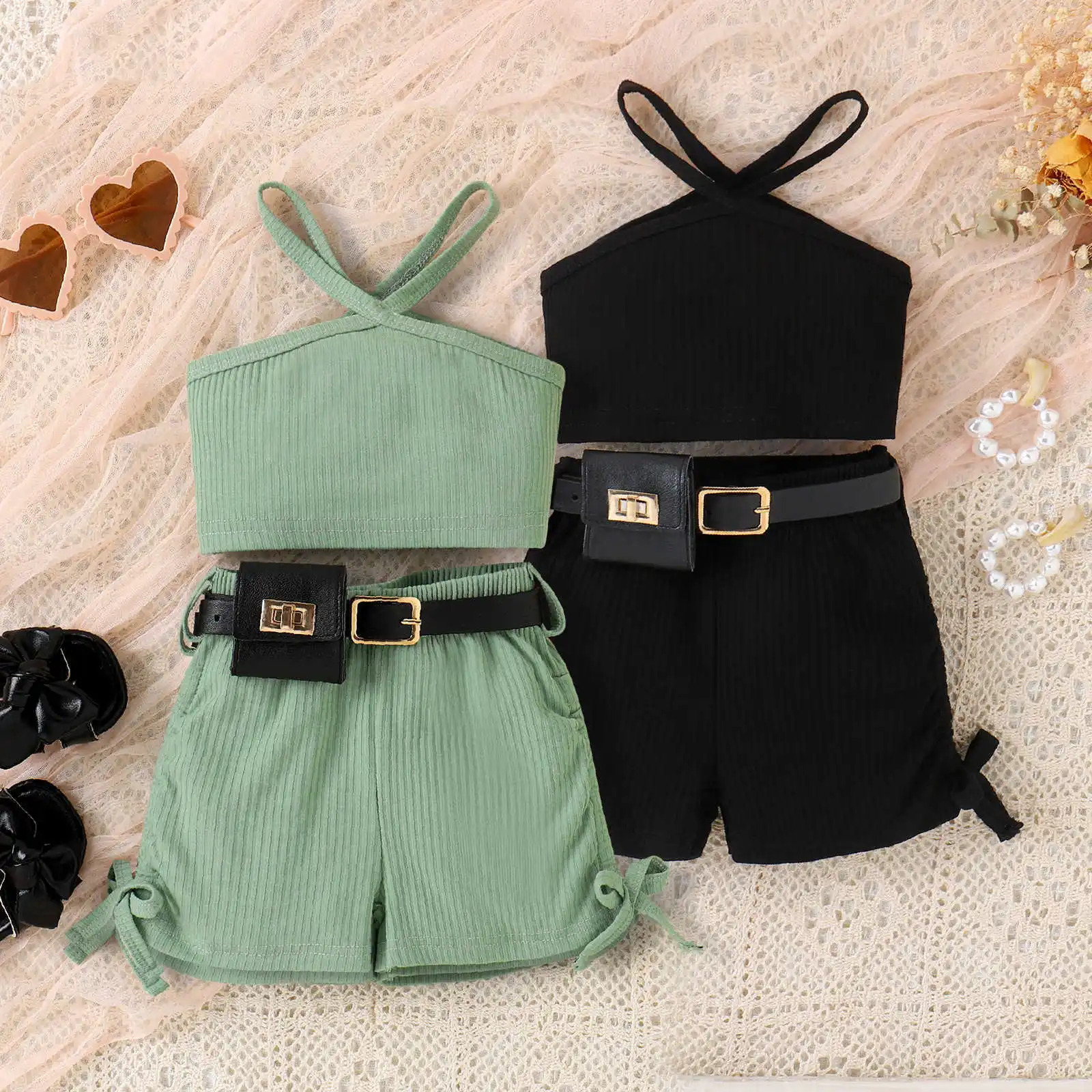 

Summer Kids Clothes Suit Baby Girl Ribbed Sleeveless Solid Halter Vest+Shorts+Waistbag Casual 3 Pieces Set Girls Boutique Outfit